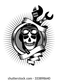 vector emblem human skull helmeted motorcyclist and tools for repair and banners