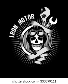 vector emblem human skull helmeted motorcyclist and tools for repair and banners