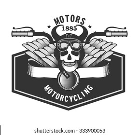 vector emblem human skull helmeted motorcyclist with horns and wings on a white background