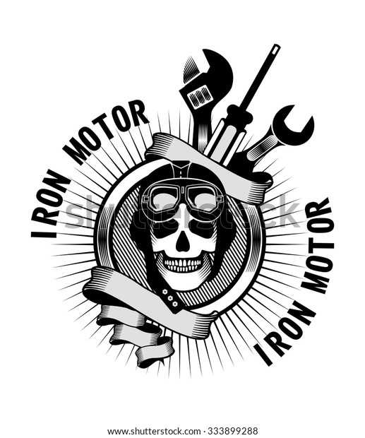 vector emblem human skull helmeted motorcyclist\
and tools for repair and\
banners
