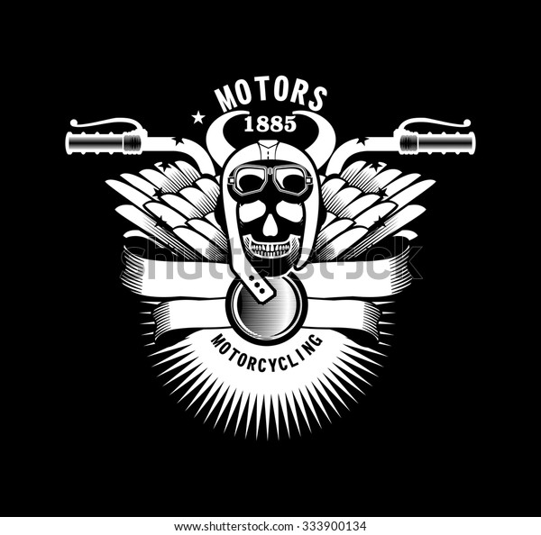 vector emblem human skull\
helmeted motorcyclist with horns and wings on a black background\
motorcycle