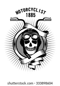 vector emblem human skull wearing a helmet and driving a motorcycle rider