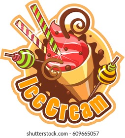 Vector emblem of ice cream with sweets decorated with sweets, cookies, frozen cocktail on white background label