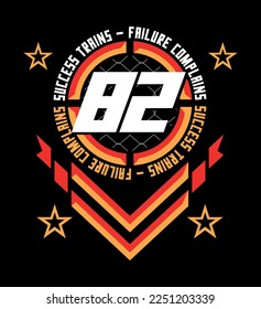 Vector emblem illustration with lettering and geometric elements. Art with text alluding to bodybuilding and gymnastics.

