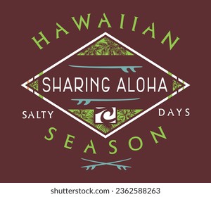 Vector emblem illustration, in surf wear style, art alluding to Hawaii. Editable design for printing on t-shirts, posters, etc.