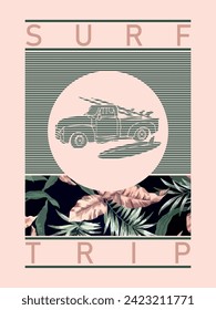 Vector emblem illustration with vintage surfer car. Art with floral texture and stripes.
​