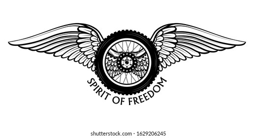 Vector emblem with the image of a motorcycle wheel and white wings symbolizing freedom. Motorcycle racing winner emblem for print and banner design.