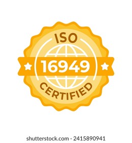 Vector emblem for ISO 16949 Certified quality management in the automotive sector, featuring a golden seal and global recognition