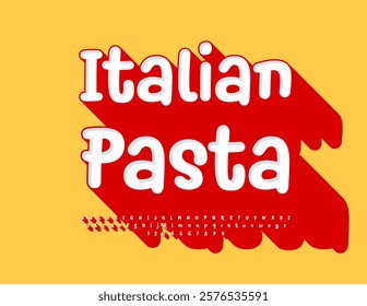 Vector Emblem Italian Pasta for Menu Template, Restaurant, Cafe. Handwritten Font with Big Red Shadow. Digital  set of Alphabet Letters and Numbers.