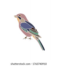 Vector emblem of jay in violet,pink, green colors. Icon for eco,natural products or packaging products. Birds

