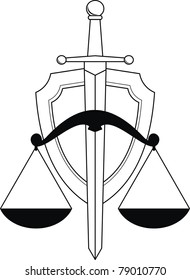 Vector Emblem of justice - shield, sword and scales. Symbol. Isolated illustration (black and white silhouette, contour) on white background.