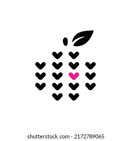 Emblema vectorial para tejer y fabricar a mano. manzana de punto. Bordados en forma de manzana. Icono de Apple hecho de corazones.