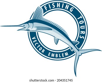 vector emblem label with big marlin fish swordfish.