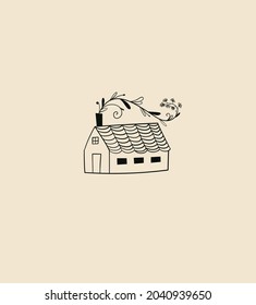 Vector Emblem Of Linear Cozy House, Home Logo Design Template. Doodle Style City Building Icon. Tiny House With Plants - Symbol In Scandinavian And Minimalist Style.