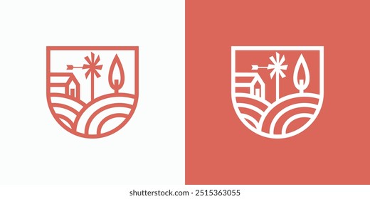 Vector emblem logo design with farm and barn in modern, simple, clean and abstract style. Icon for business, farming, ranch and personal branding.