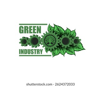 Emblema del Vector, logotipo. Industria verde. Engranajes 3D y hojas. Mecanismo simétrico y planta. Fondo blanco aislado