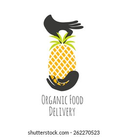 Vector emblem, logo and label with hands holding pineapple. One hand give pineapple to other hand - concept of good delivery service