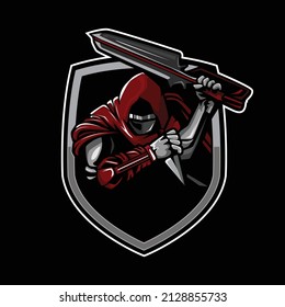 Logo del emblema vectorial de un ninja con capucha sosteniendo una espada y un kunai.