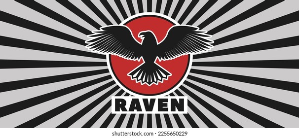 Vector emblem or logo. Silhouette of a raven with spread wings against the background of the sun. Red black icon.