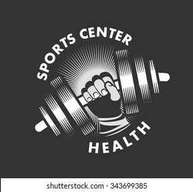 vector emblem logo for the sports center hand with a dumbbell 