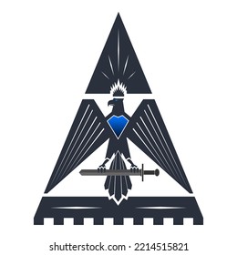 Vektorsymbol oder -logo. Stilwütender Adler oder Falken mit einem Schwert und einer Krone in einem Dreieck auf weißem, isoliertem Hintergrund