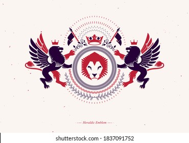 Vector emblem made in vintage heraldic design and composed using wild lions and monarch crown