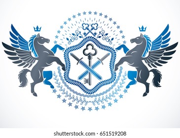 Emblema vectorial hecho en diseño heráldico vintage. Emblema herálico compuesto con elegante Pegasus, estrellas pentagonales y claves de seguridad.