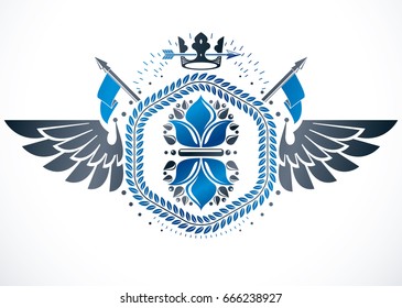 Vector emblem made in vintage heraldic design. Winged emblem created using lily flower royal symbol and imperial crown