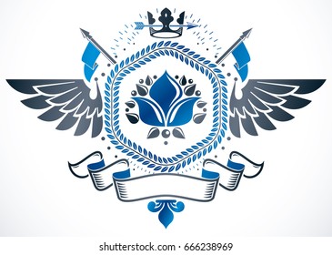 Vector emblem made in vintage heraldic design. Winged emblem created using lily flower royal symbol and imperial crown