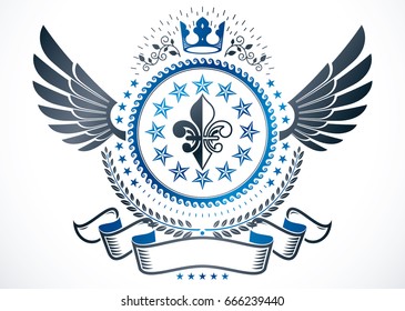 Vector emblem made in vintage heraldic design and created using lily flower, monarch crown and stars