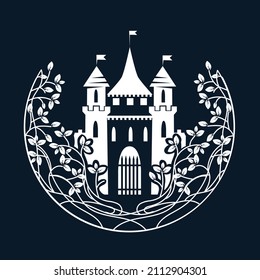 Vector emblem with a medieval castle and floral weaving of lines and leaves. Medieval architecture. Vintage and floral backgrounds.