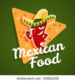 Vector emblem of mexican food with red chili pepper and nachos