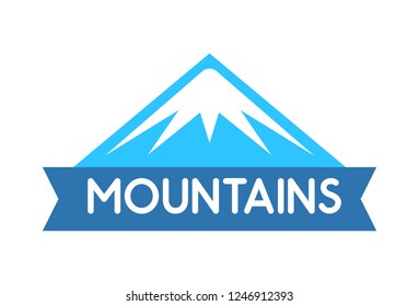 Vector emblem of Mountains in blue color. Logo illustration for decoration of tour to alps, everest or other expeditions and travel.