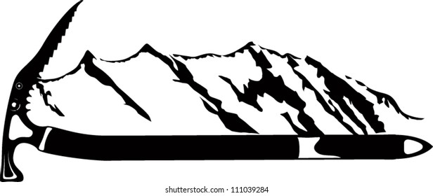 vector emblem with mountains and ice axe