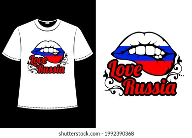 Vector emblem with mouth biting the lips. The lips painted in the traditional flag of Russia.Text Love Russia and patterns on the sides. Modern backdrop for fashion design. T-shirt with emblem.