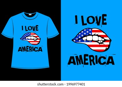 Emblema vectorial con boca mordiendo los labios. Los labios pintados en la bandera tradicional de Estados Unidos. Texto que amo a Estados Unidos con un estilo grunge. Marco moderno para el diseño de la moda. Camiseta con afiche vintage.
