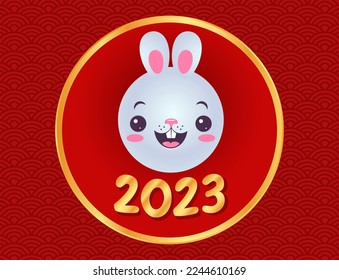 Vector emblem for new year of 2023 with head of a babbit. Vintage print of kawaii rabbit for 2023 year in asian style. Bunny emoji for Chinese new year.
