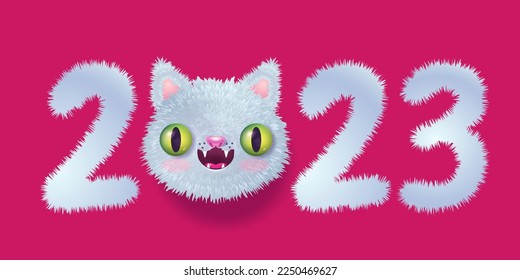 Vector emblem for new year of 2023 with head of a cute cat in realistic style. Vector icon of kawaii cat for 2023 year. Kitty emoji for Chinese new year.