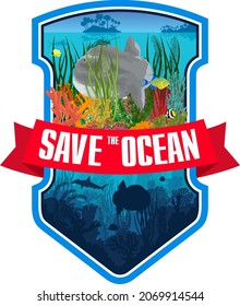 Vector emblem with ocean sunfish, coral reef and colorful tropical fishes