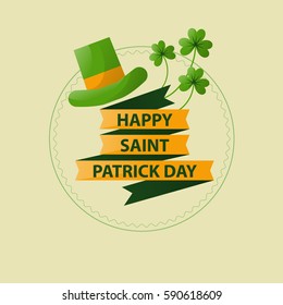 Vector emblem on Saint Patrick's Day leprechaun with ribbons, green hat and clover