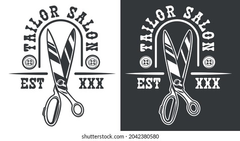 Vector emblem on the sewing salon theme with tailor scissors. The text is in a separate group