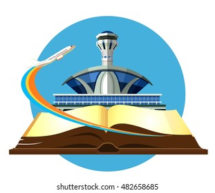 vector emblem open book pages airport building and a plane taking off