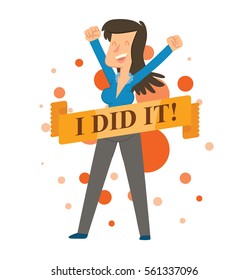 Vector emblem with orange balls, yellow banner and with cartoon image of a happy young woman with black hair standing and smiling on a white background. Happy people. Inscription "I did it".