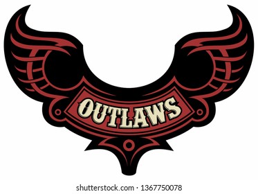Vector emblem, patch with tribal ornaments and text outlaw. Vector biker logo design concept.