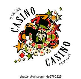 vector emblem  player, the spirit of good luck in the background  attributes in the casino win