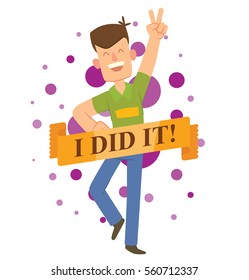 Vector emblem with purple balls, yellow banner and with cartoon image of a happy young man with dark brown hair standing and smiling on a white background. Happy people. Inscription 