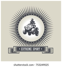 Vector emblem with a quad bike in vintage style with ribbon and inscription