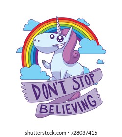 Vector emblem with a rainbow, clouds and banner "Don't stop believing" and with cartoon image of a cute white happy unicorn with a lilac mane and tail on a white background. Legend, fairy tale.