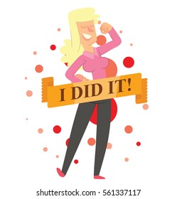 Vector emblem with red balls, yellow banner and with cartoon image of a happy young woman with long blond hair standing and smiling on a white background. Happy people. Inscription "I did it".