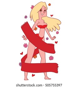 Vector emblem with red banner, colorful flowers and with cartoon image of a beautiful girl with long blonde hair in a red bikini standing and smiling on a white background. Beauty, fashion. 